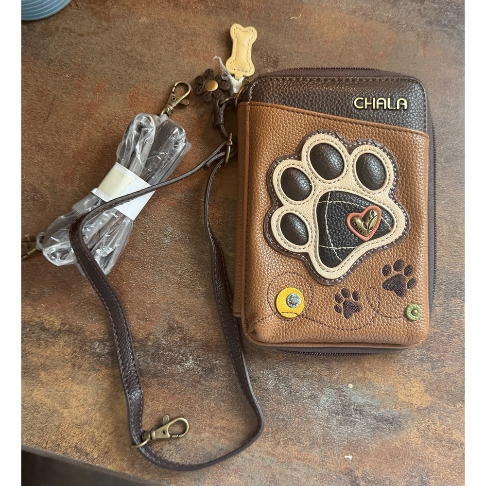 Chala Paw Print Cell Phone Crossbody Wallet Brown Vegan Leather Rfid Organizer